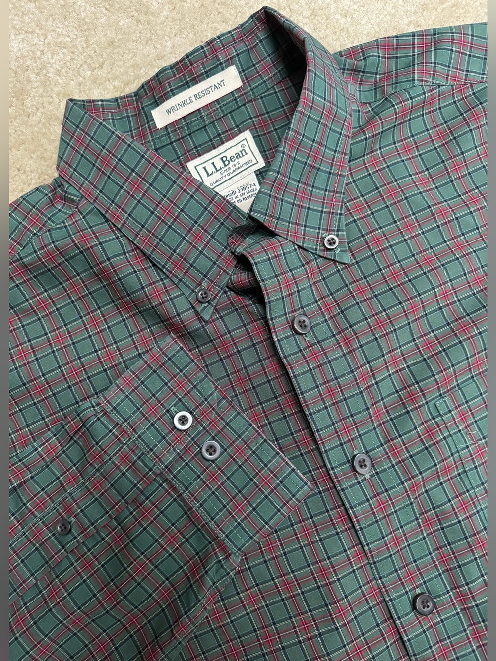 L.L. Men’s XL Tall Bean Green and Red Plaid 100% Cotton Button-Down Shirt